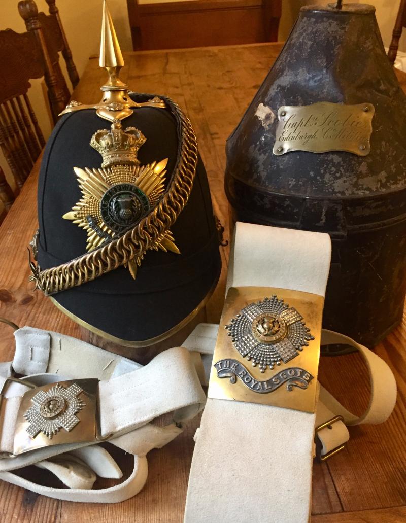 VICTORIAN - 3RD ROYAL SCOTS OFFICERS HELMET & CROSS BELT & WAIST - ATTRIBUTED ...
