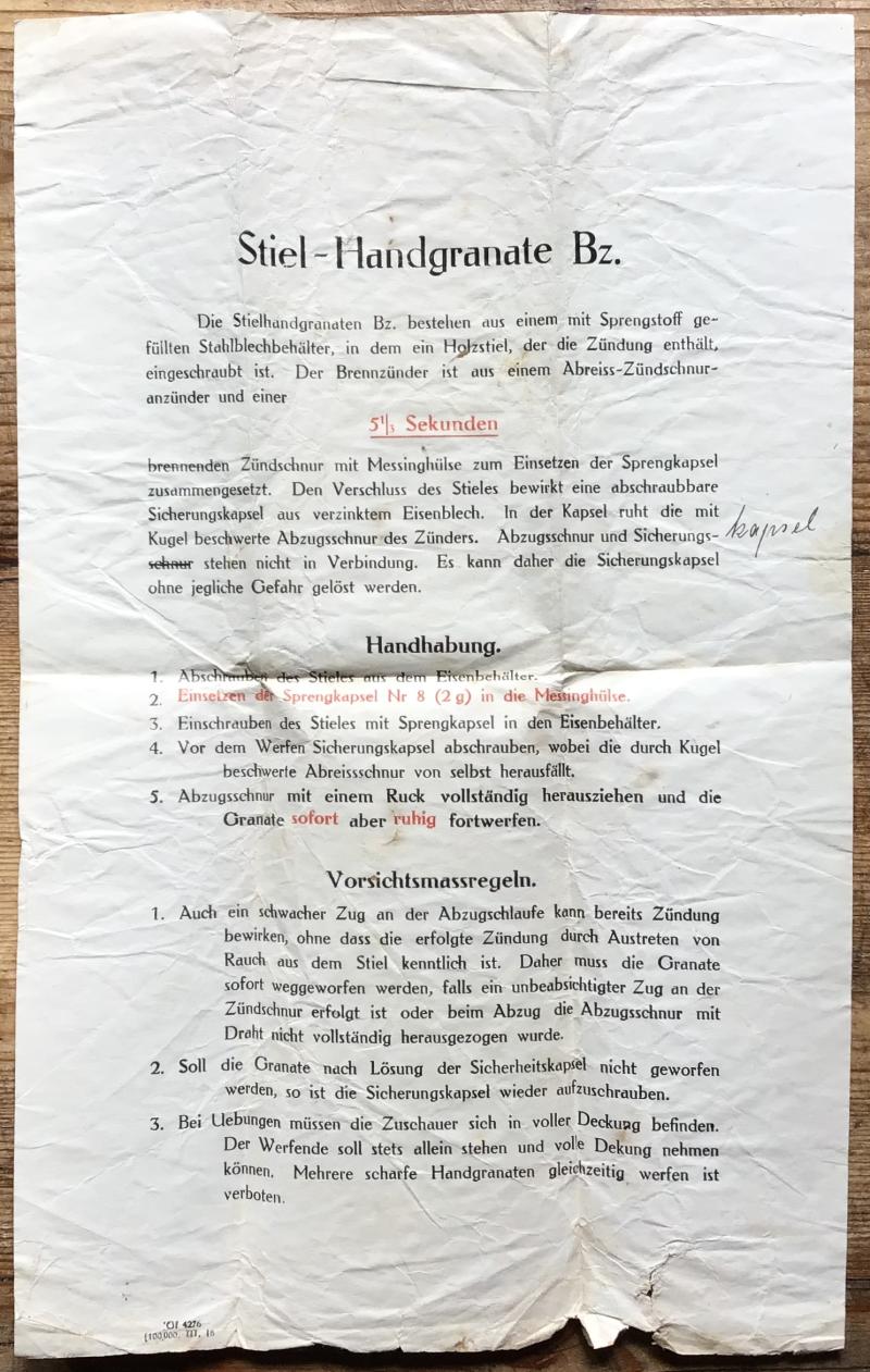 WW1 GERMAN  HANDGRENADE (HANDGRANADE) INSTRUCTION PAPER