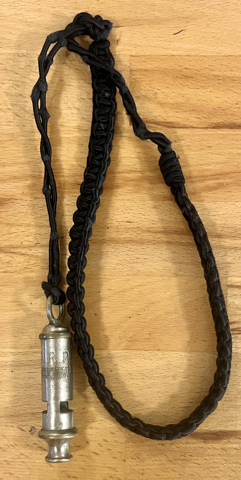 WW2 BRITISH BLACK LANYARD & ARP WHISTLE