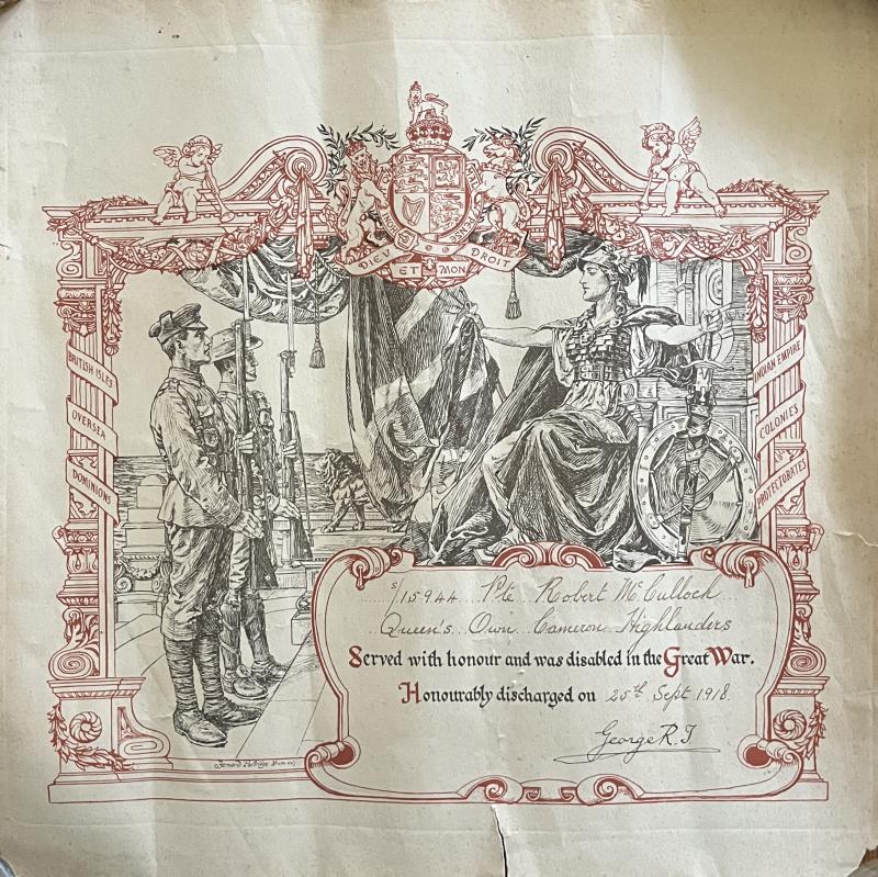 WW1 -  CAMERON HIGHLANDERS - KINGS HONOURABLE DISCHARGE CERTIFICATE - FOR WAR WOUNDED