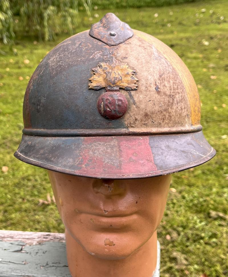 WW1 FRENCH ADRIAN HELMET - C/W PERIOD GEOMETRIC CAMO