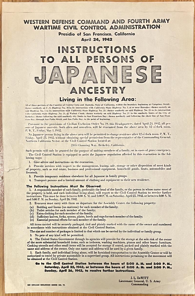 US - WW2 - JAPANESE-AMERICAN INTERNMENT POSTER: CIVILIAN EXCLUSION ORDER